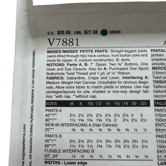 Vintage VOGUE CLAIRE SHAEFFERS Dress Pant Pattern V7881 Sz 12-14-16 Uncut - Picture 3 of 5